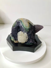 Load image into Gallery viewer, Amethyst Druzy with Calcite, Stalactite Eye on custom wooded stand
