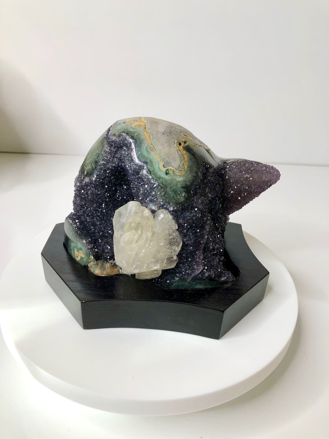 Amethyst Druzy with Calcite, Stalactite Eye on custom wooded stand
